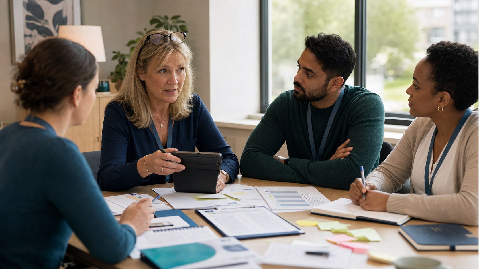 A professional adult social care recruitment discussion in a calm meeting setting